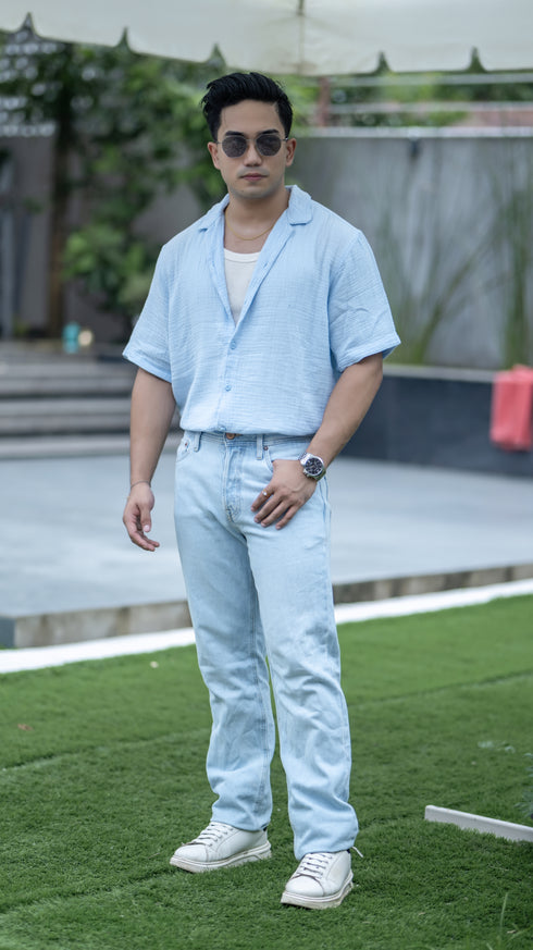 Cotton blend linen shirt (Blue)